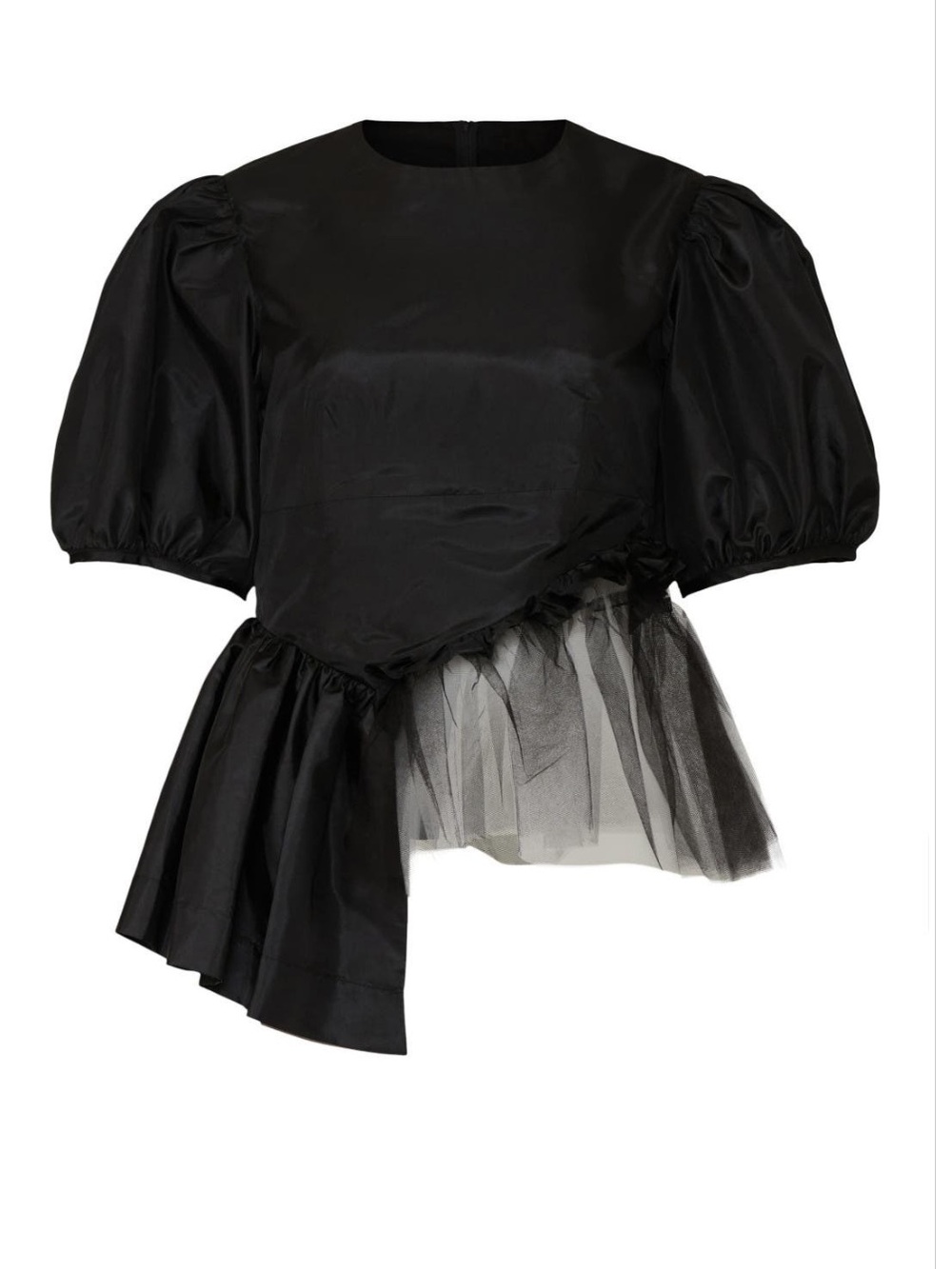 Sandy Liang Black Puff-Sleeve Asymmetric Tulle Top